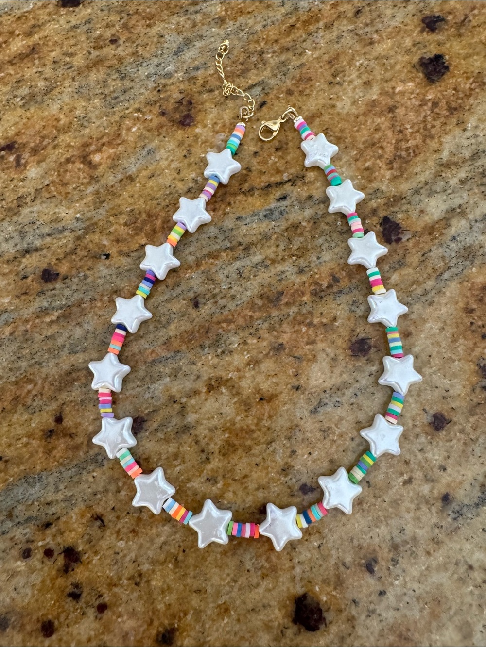White Star Bead Necklace with Multicolor Accents